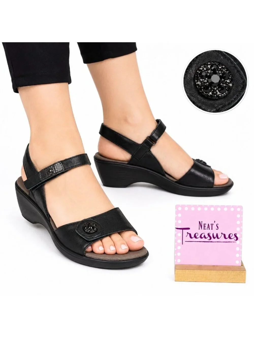 Naot VINEYARD Black Leather Rhinestone Slingback Wedge Heel Sandal Sz 37 US 6.5